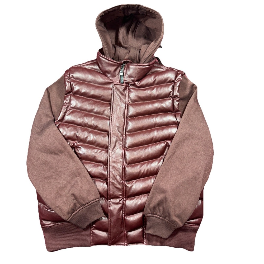 Raw Blue Men's Large Faux Puffer Jacket Hip Hop Y2K Burgundy Snap Button Zip